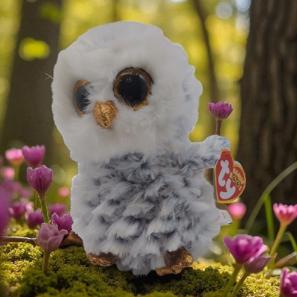 Ty Beanie Baby Boo's Owlette Plush Owl - White and Black with Gold Accents